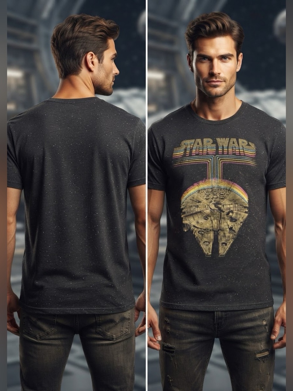 Vintage Star Wars Millennium Falcon Rainbow Graphic T-Shirt Charcoal Speckle Tee